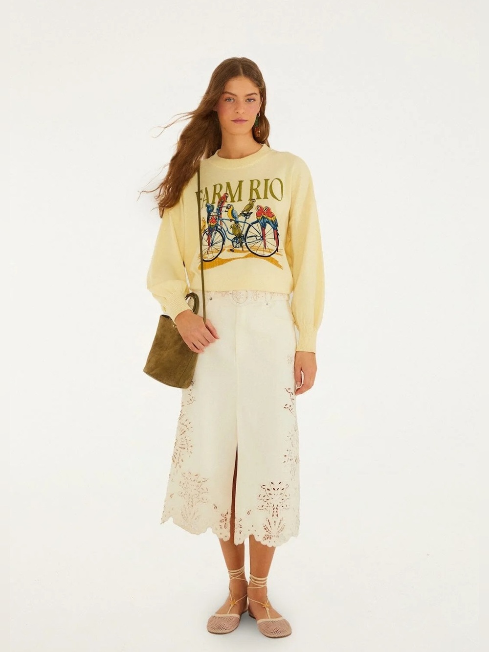 FARM RIO Beige Geometric Richelieu Twill Midi Skirt